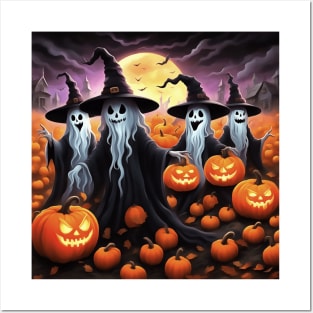 Fun Halloween Ghost Wearing Witches Hats With Jack O Lanterns Posters and Art